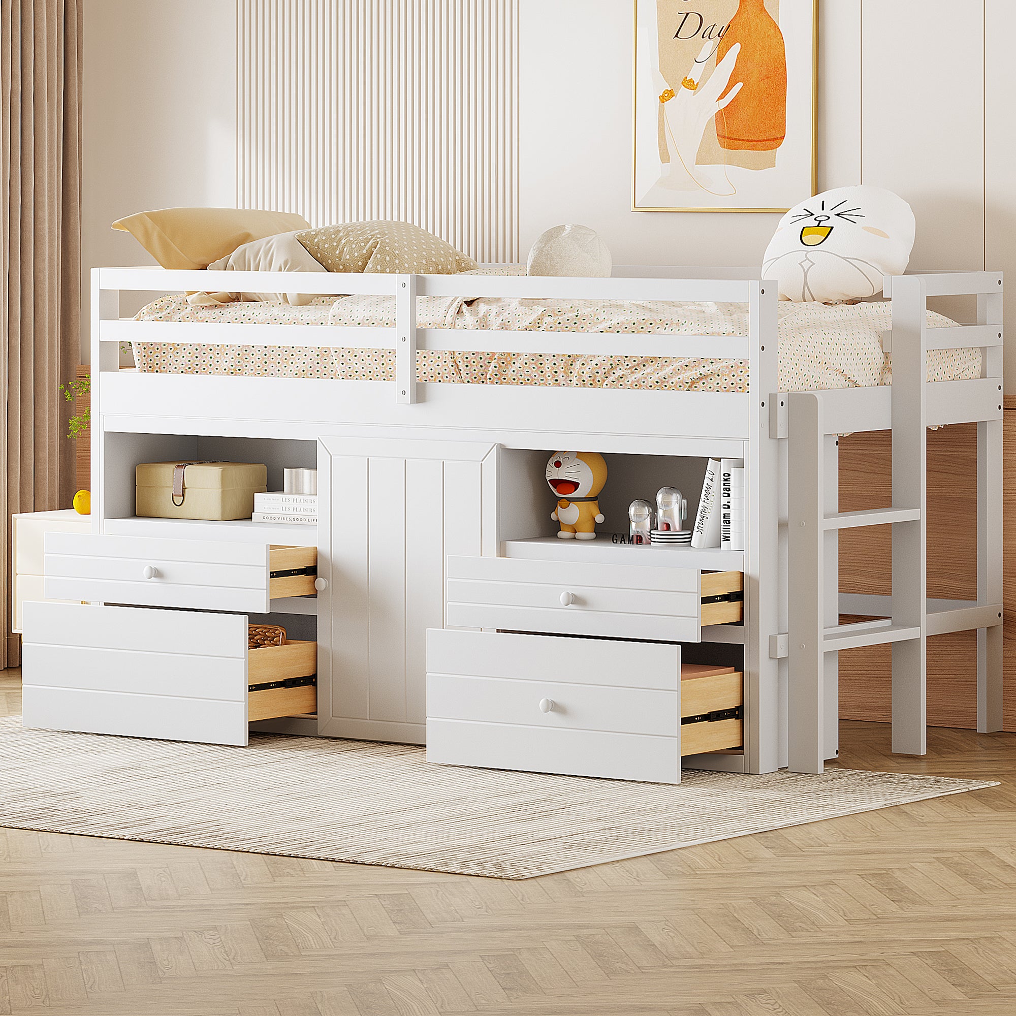 Twin Loft Bed White: 4 Drawers, Underneath Cabinet & Shelves (67 chars)