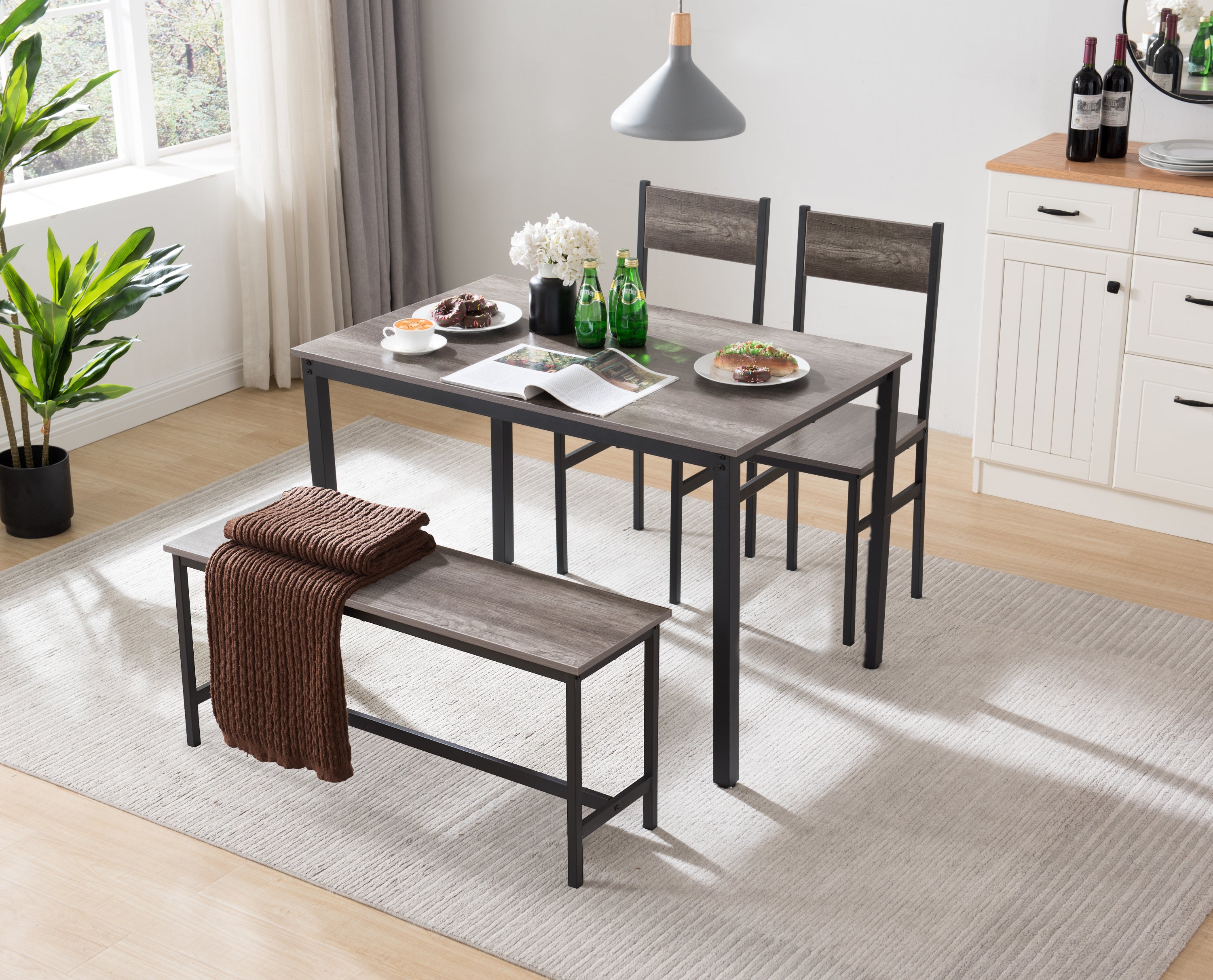 Dining Table Set for 4 w/ Bench, Metal Frame