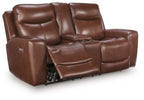 Dark brown power reclining loveseat with console and adjustable headrests