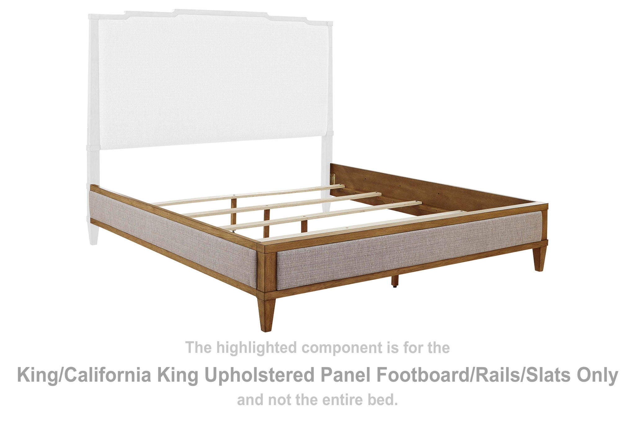 Upholstered panel footboard with slats, green fabric with brown frame