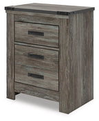 Gray two-drawer night stand side view with two drawers and dark bar handles