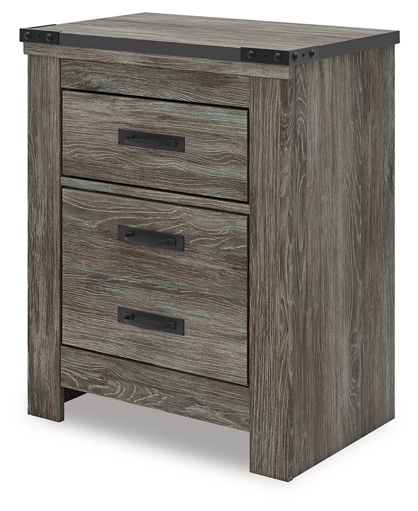 Gray two-drawer night stand side view with two drawers and dark bar handles