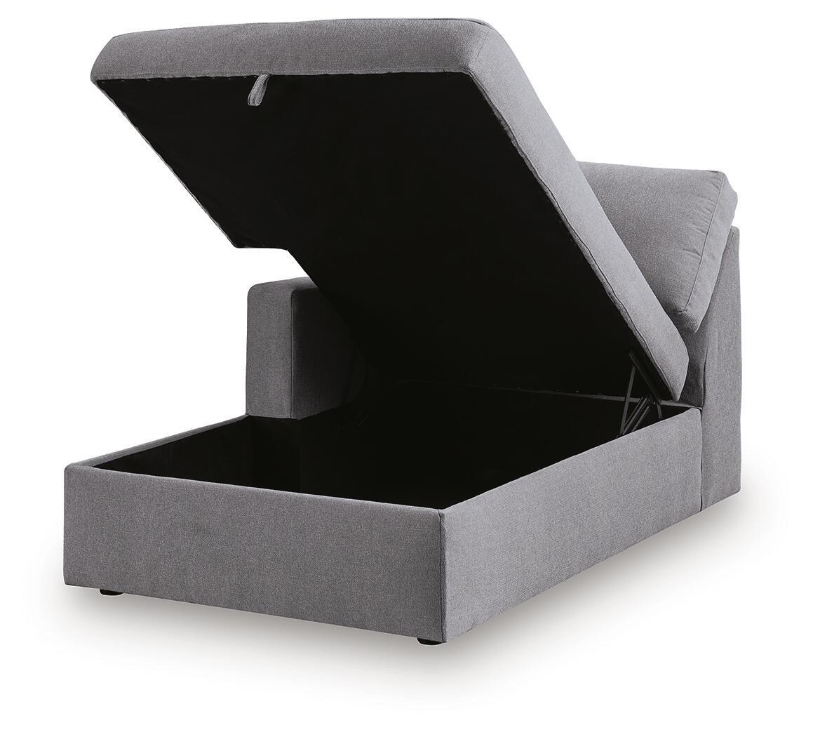 Gray chaise with lift-top storage compartment and hinged lid panel