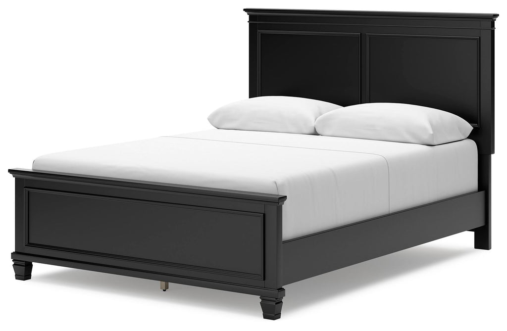 Black panel bed with one front storage drawer and a white upholstered mattress and pillows.