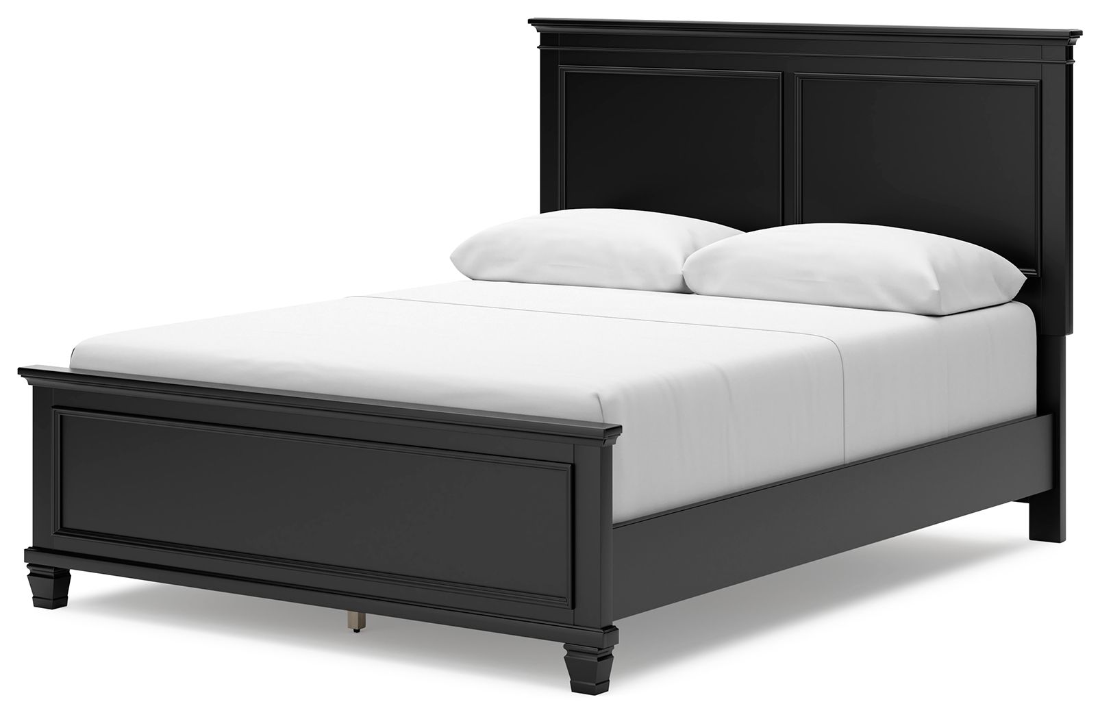 Black panel bed with one front storage drawer and a white upholstered mattress and pillows.