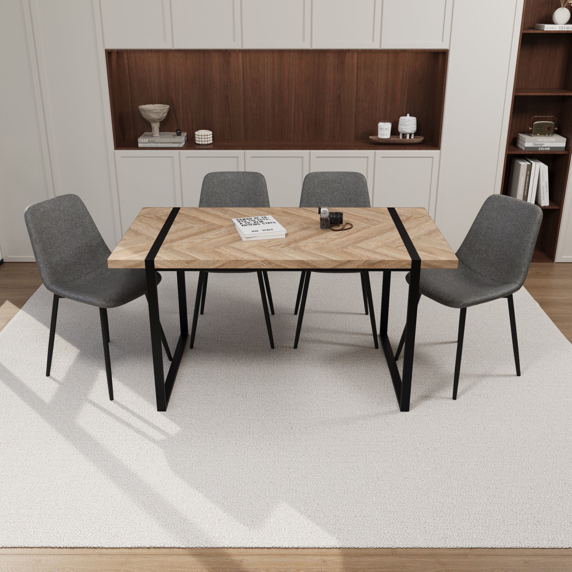 59" Modern Dining Table & 4 Chairs Set - Light Wood