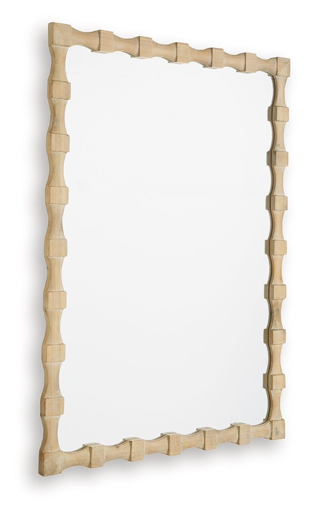 Rectangular accent mirror with light brown bamboo-style frame and thin profile