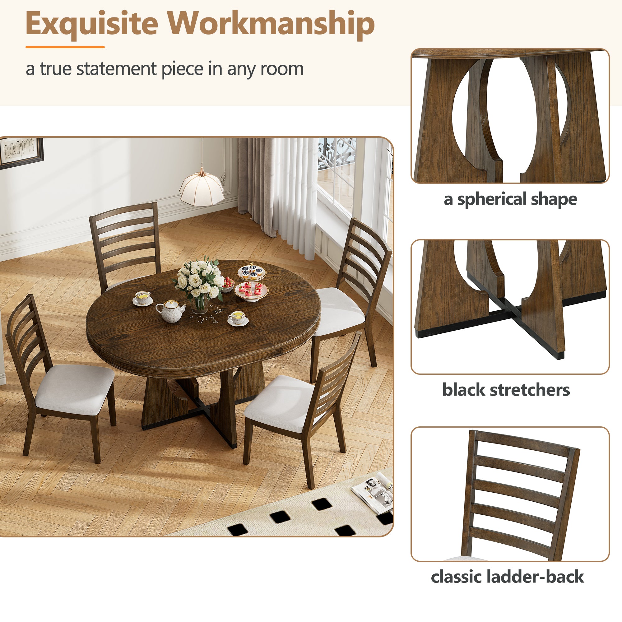 5-Pc Retro Rustic Dining Set (Walnut)