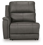 Power recliner chair with tall back, dark gray padded armrests, and center panel seams