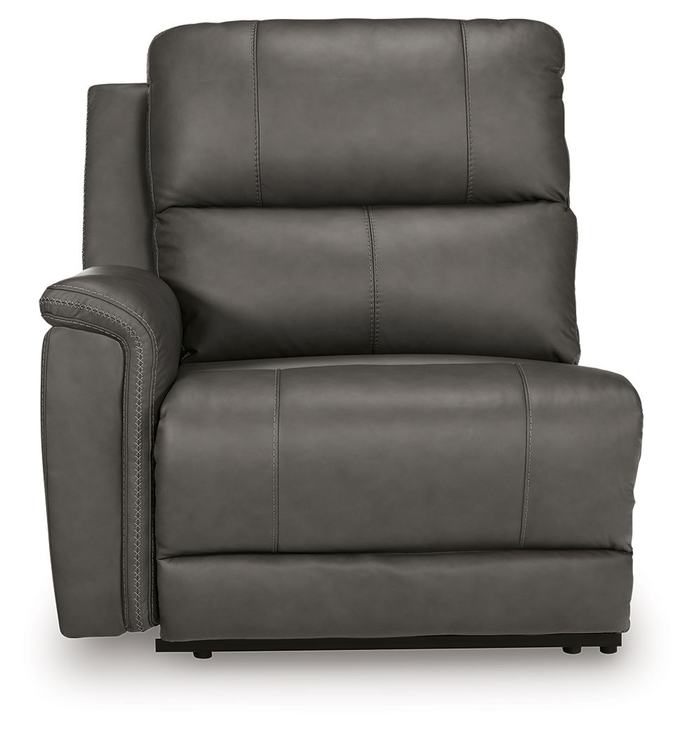 Power recliner chair with tall back, dark gray padded armrests, and center panel seams