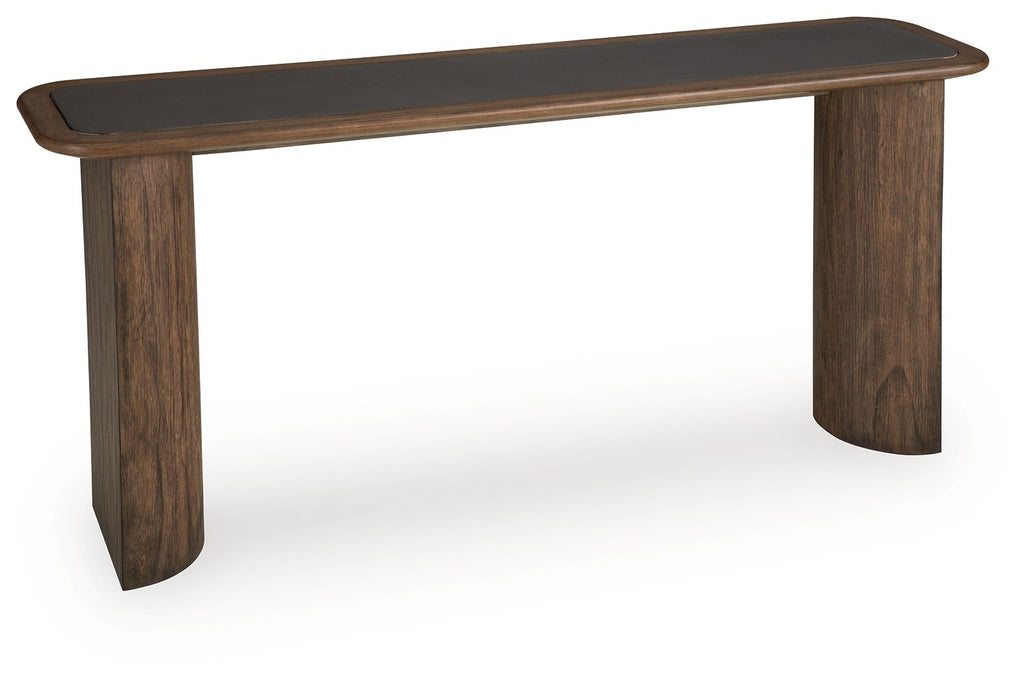 Warm brown wood sofa table with curved tabletop corners and angled end legs