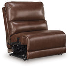 Brown power armless recliner with adjustable headrest and visible power base mechanism
