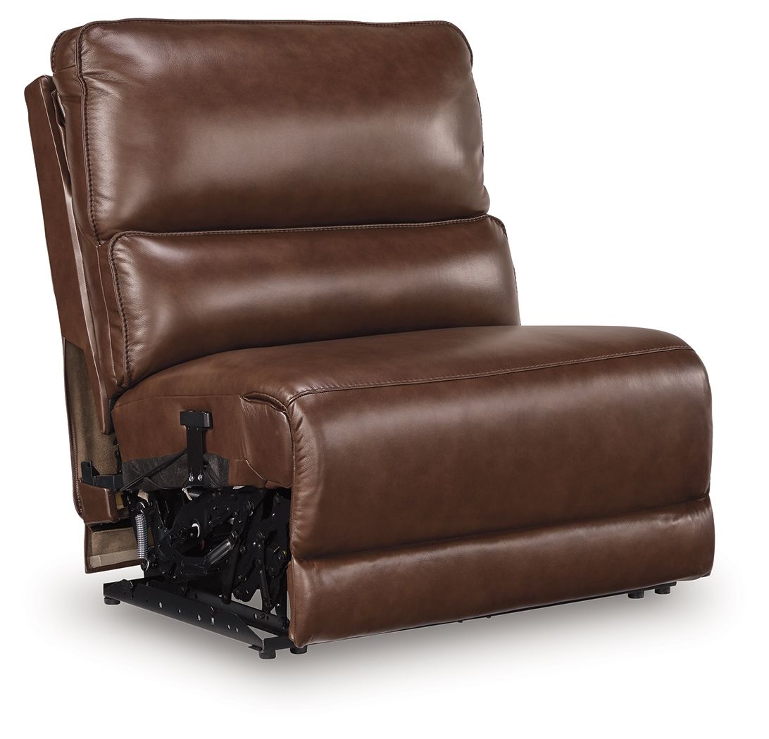 Brown power armless recliner with adjustable headrest and visible power base mechanism