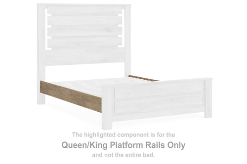 Tan wood platform bed rails with decorative end panels