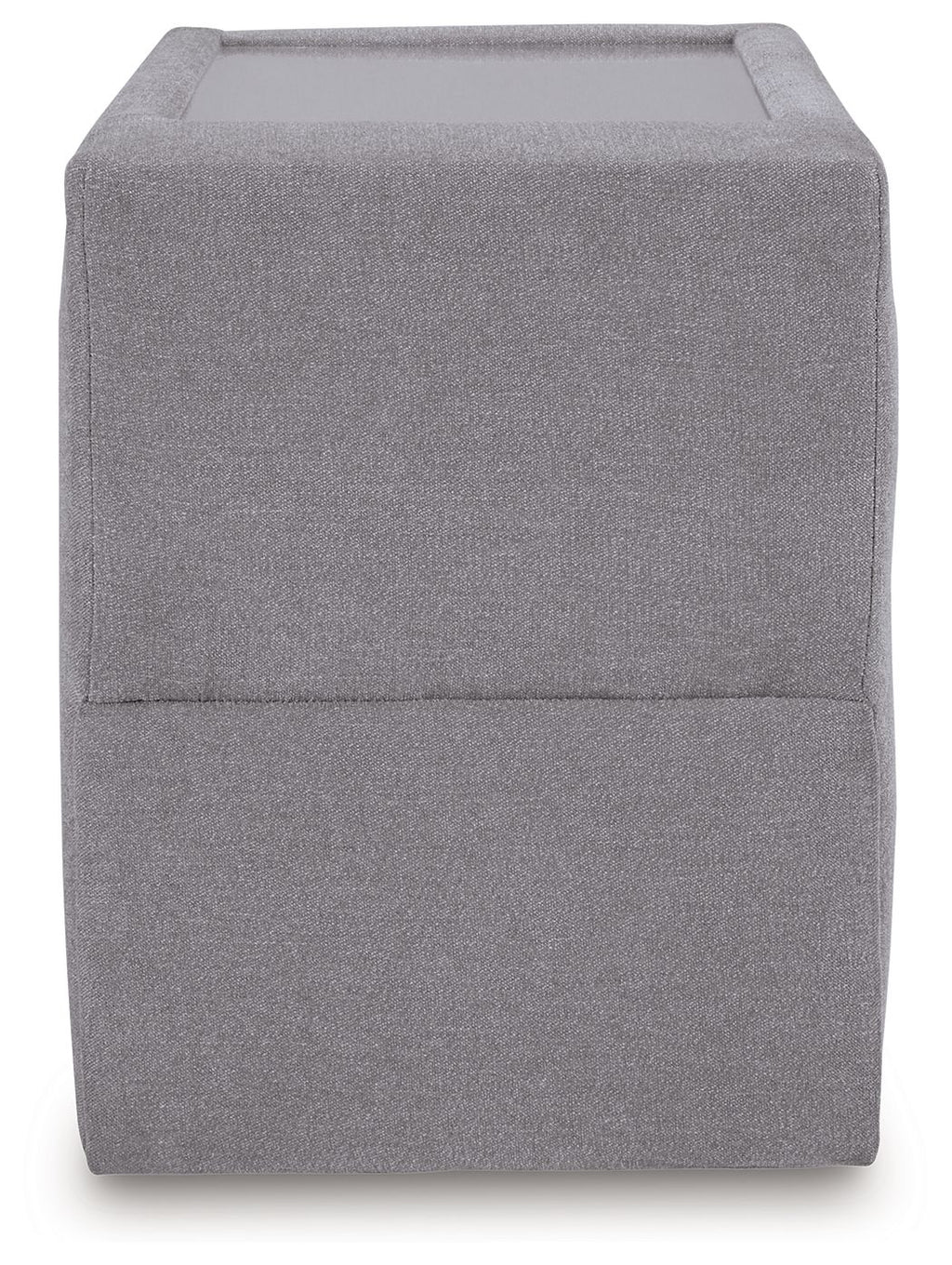 Gray console storage ottoman with padded back panel and hinged lid