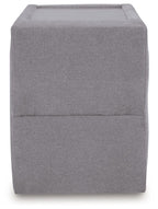 Gray console storage ottoman with padded back panel and hinged lid