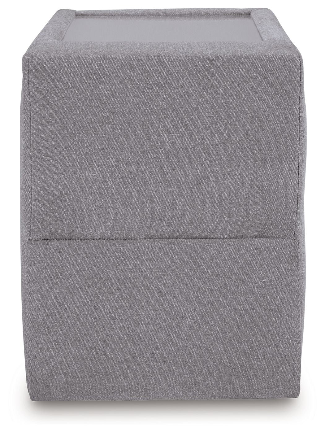 Gray console storage ottoman with padded back panel and hinged lid