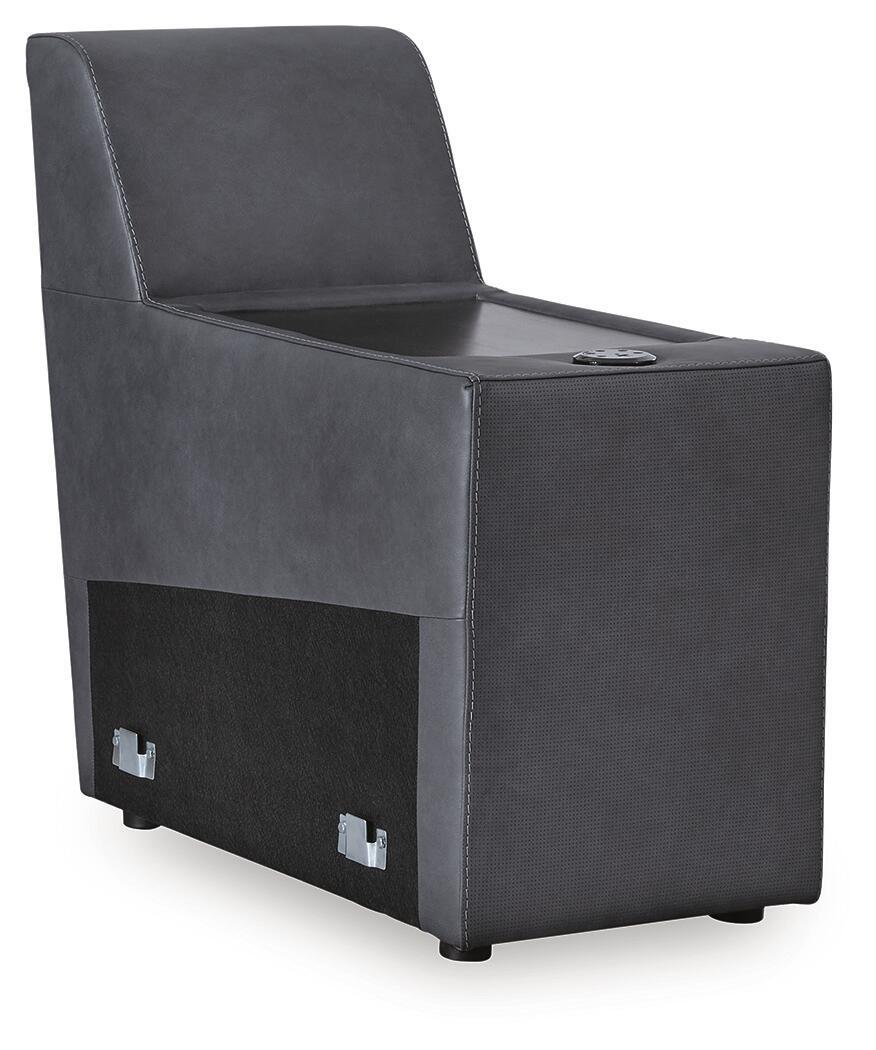 Dark gray padded audio console chair with open top and front speaker panels