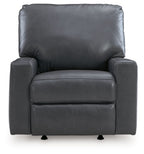 Dark gray leather-look rocker recliner chair with padded arms and backrest