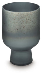 Blue speckled vase with flared rim and pedestal base, smooth matte finish.