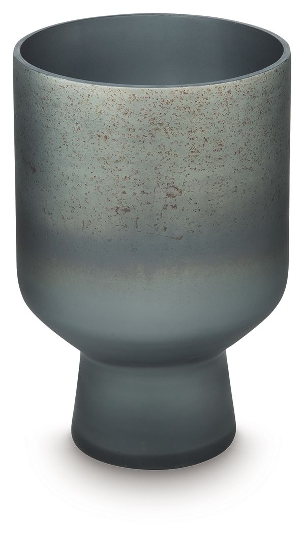 Blue speckled vase with flared rim and pedestal base, smooth matte finish.