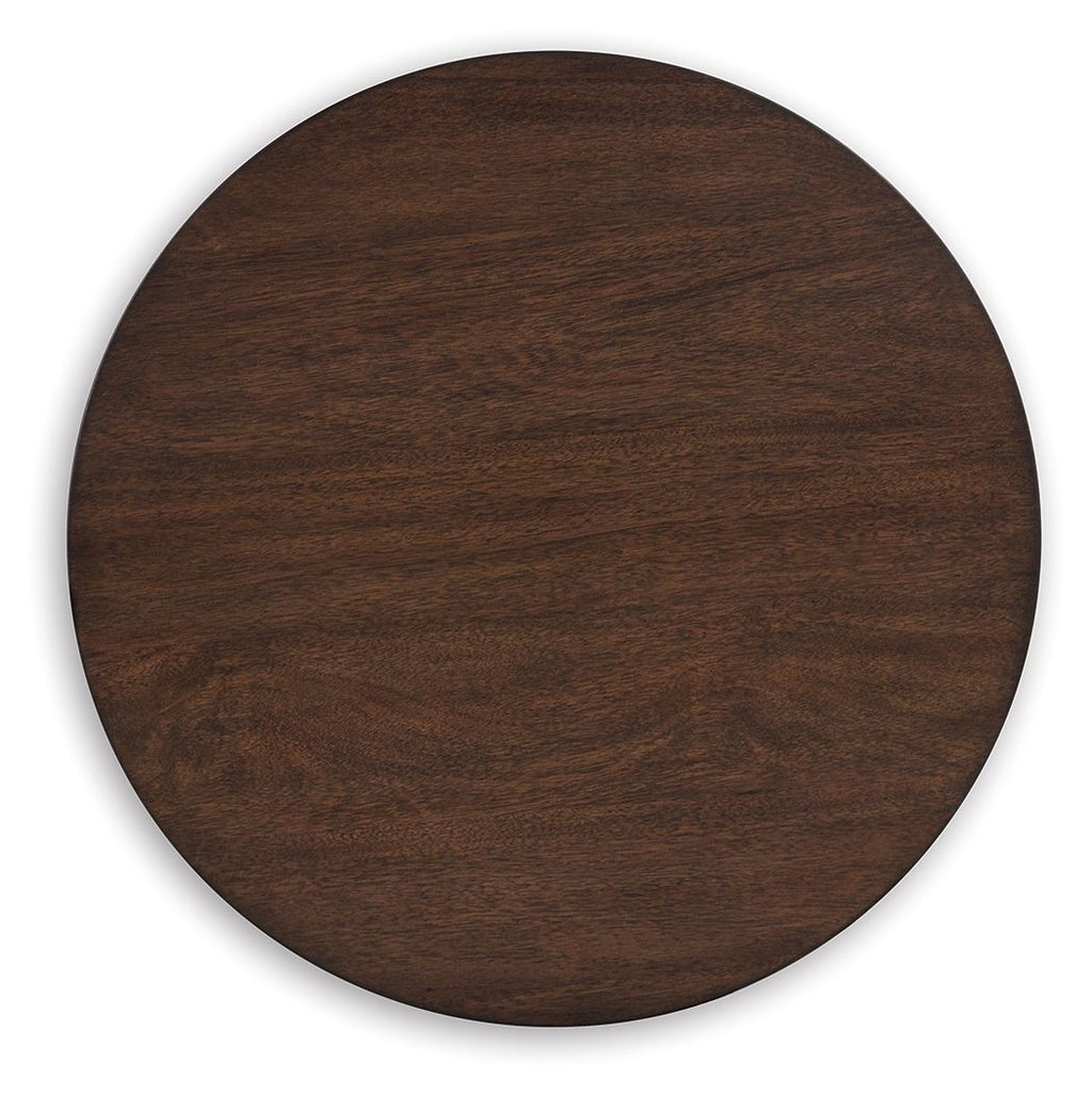 Round dark brown tabletop with visible wood grain texture