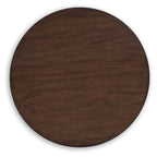 Round dark brown tabletop with visible wood grain texture