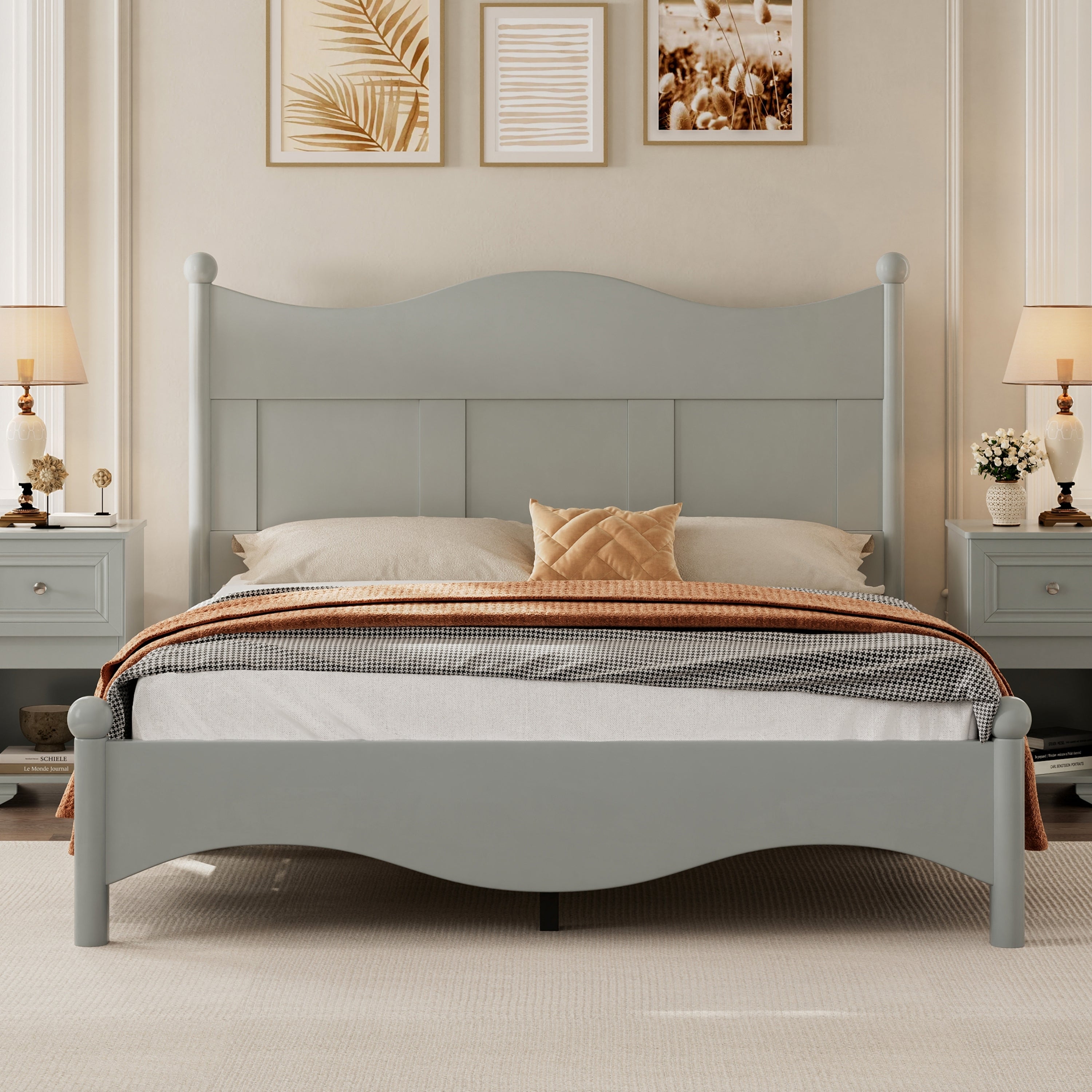 Queen Size Wood Platform Bed Frame: Elegant Retro Gray Design with Slats