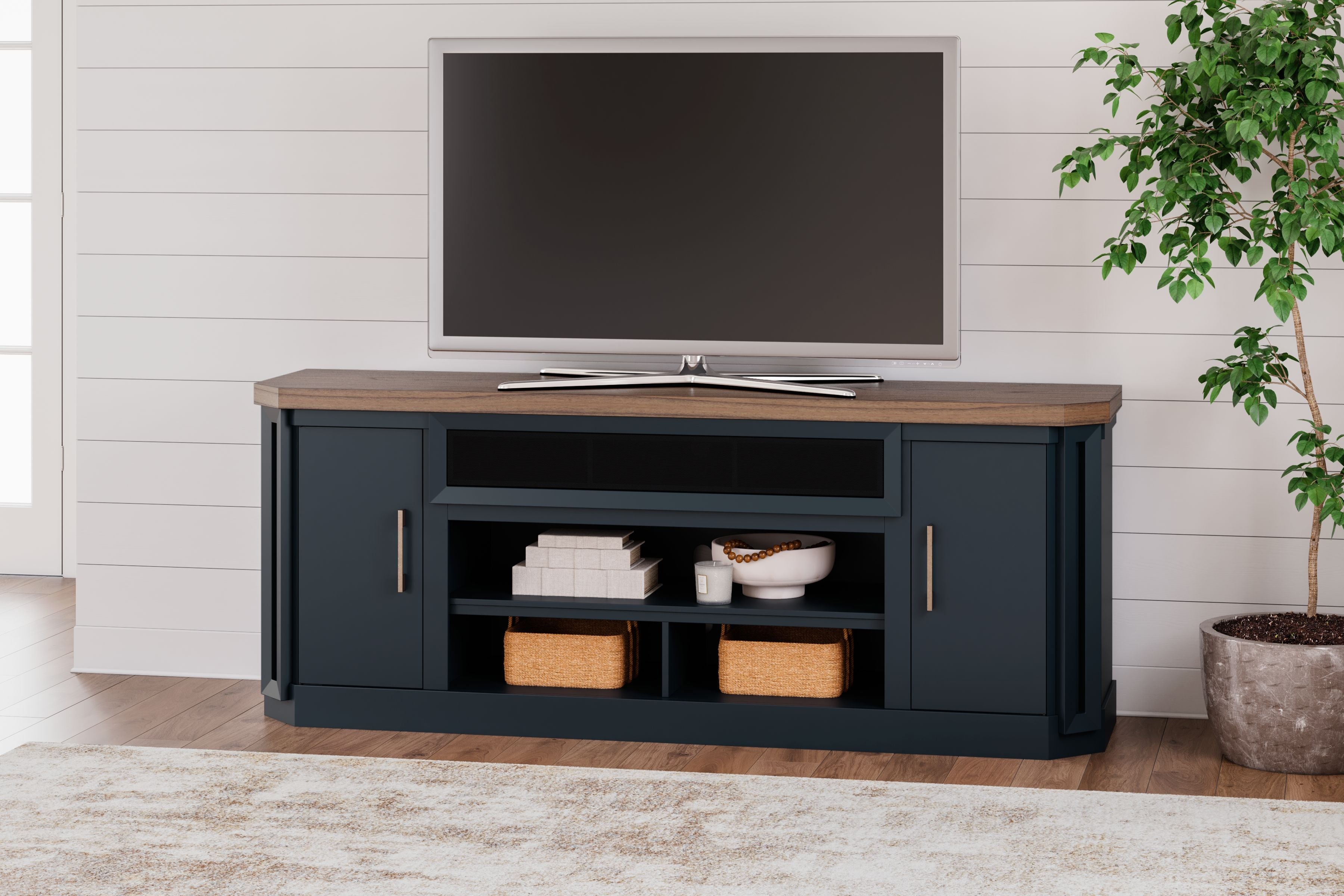Dark blue TV stand with wood top, doors, and open media shelves with fireplace insert