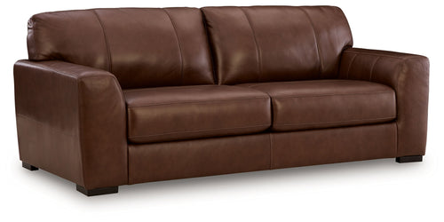 Brown leather sofa with rolled arms and three back cushions