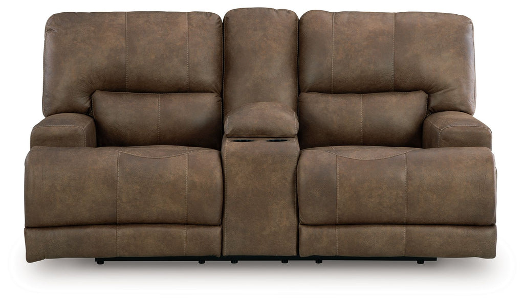 Earth-tone power reclining loveseat with console and adjustable headrest cushions, upholstered seating