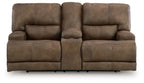 Earth-tone power reclining loveseat with console and adjustable headrest cushions, upholstered seating