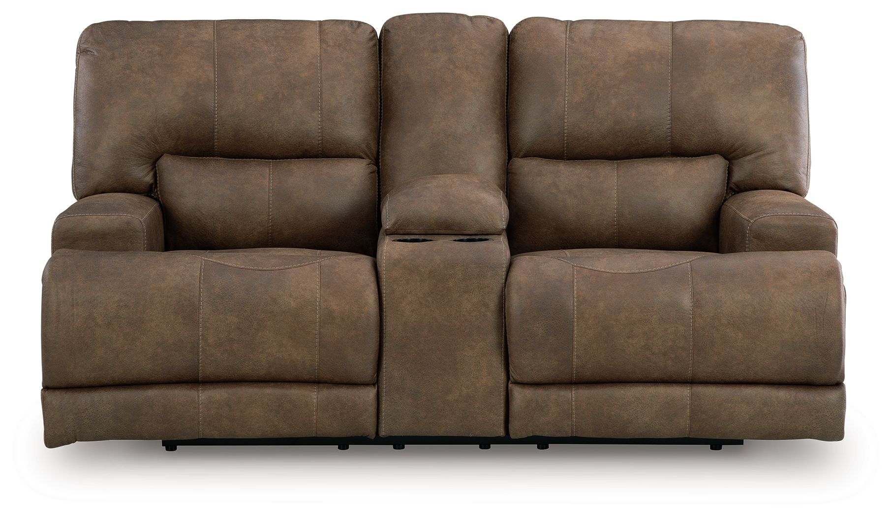 Earth-tone power reclining loveseat with console and adjustable headrest cushions, upholstered seating