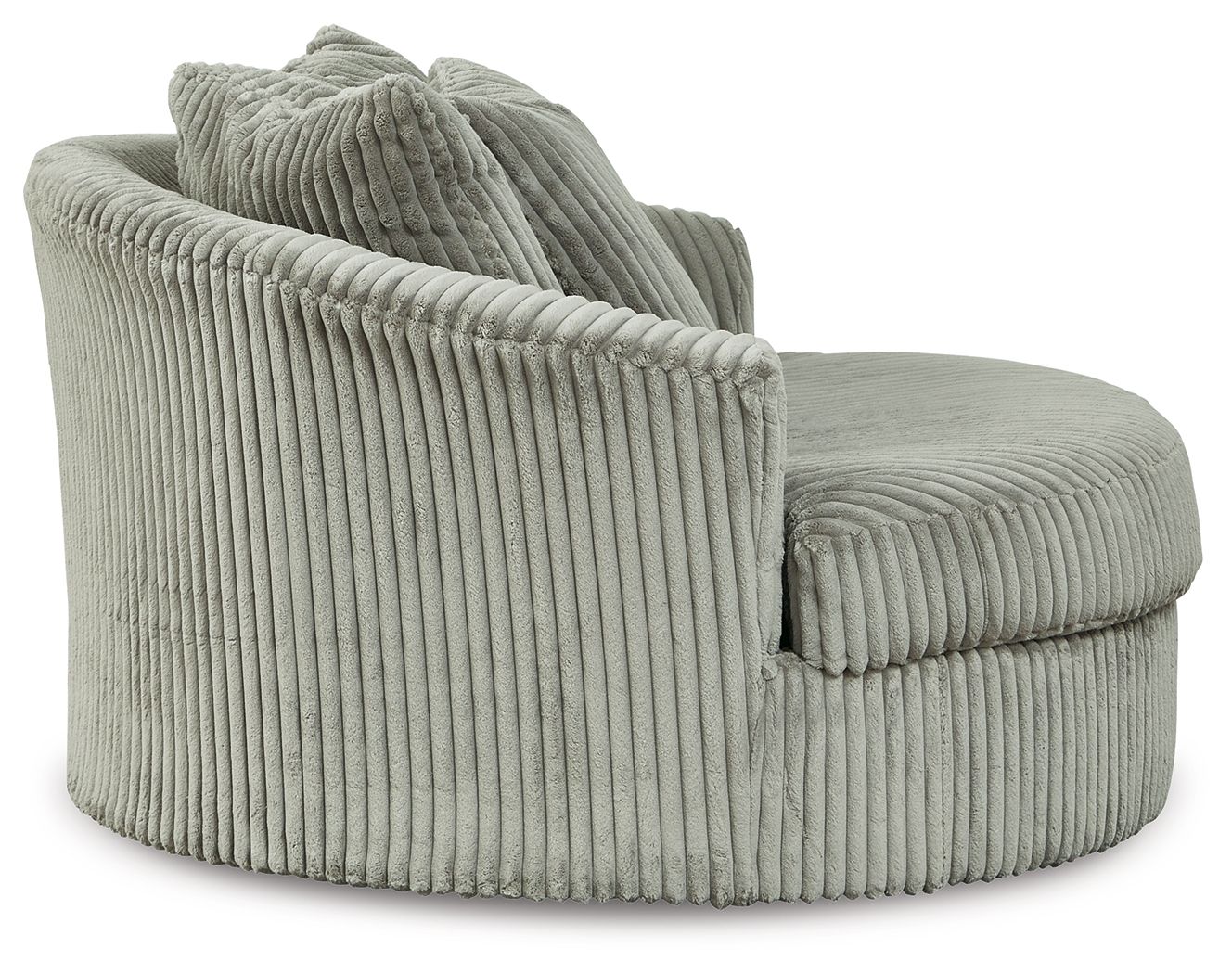 Gray oversized swivel accent chair angled view with ribbed upholstery and thick arms