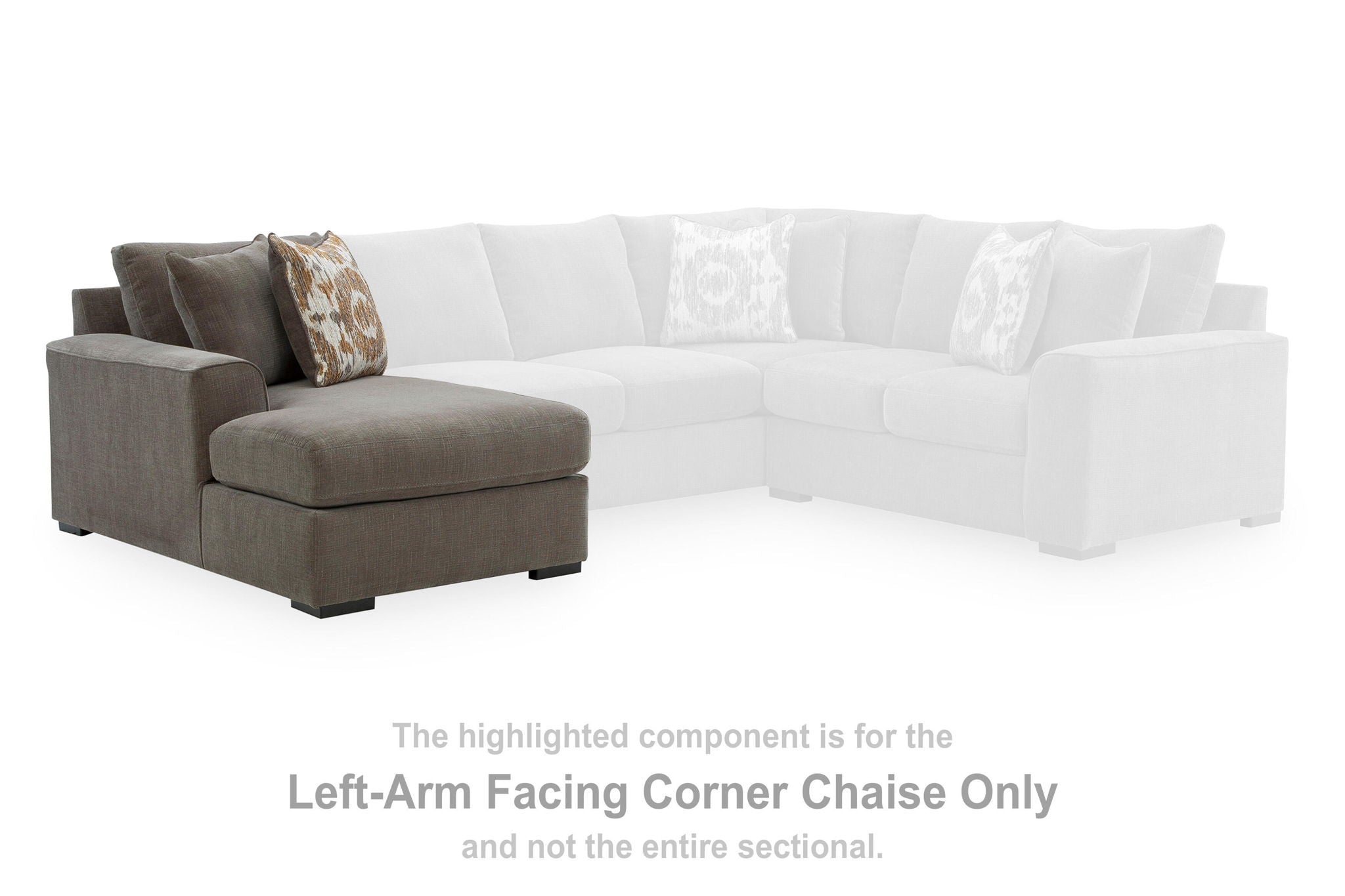 Left-arm facing dark brown corner chaise section with patterned accent pillows