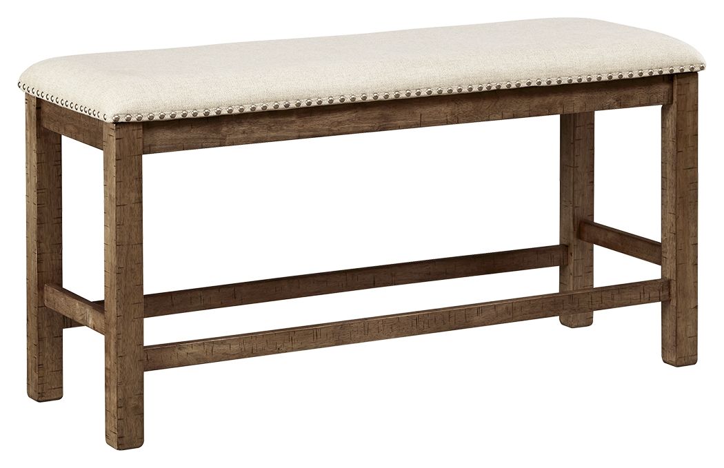 Beige upholstered bench with tufted seat, nailhead trim, and dark wood legs