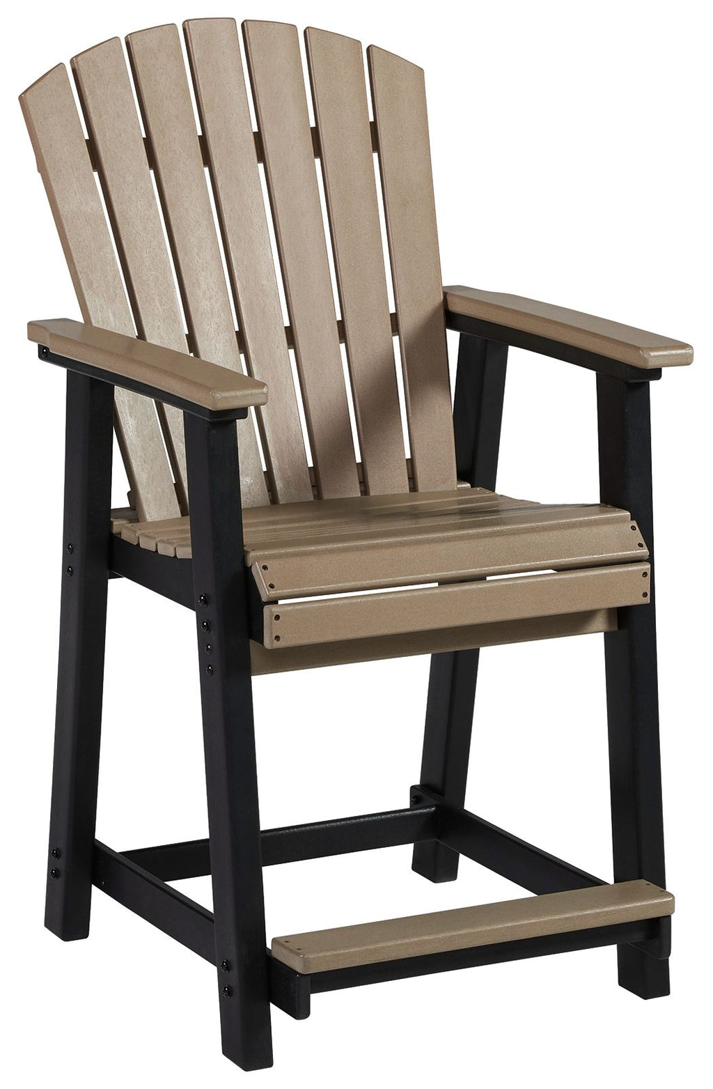 Outdoor barstool in black with driftwood slatted back, armrests, and seat