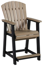 Outdoor barstool in black with driftwood slatted back, armrests, and seat
