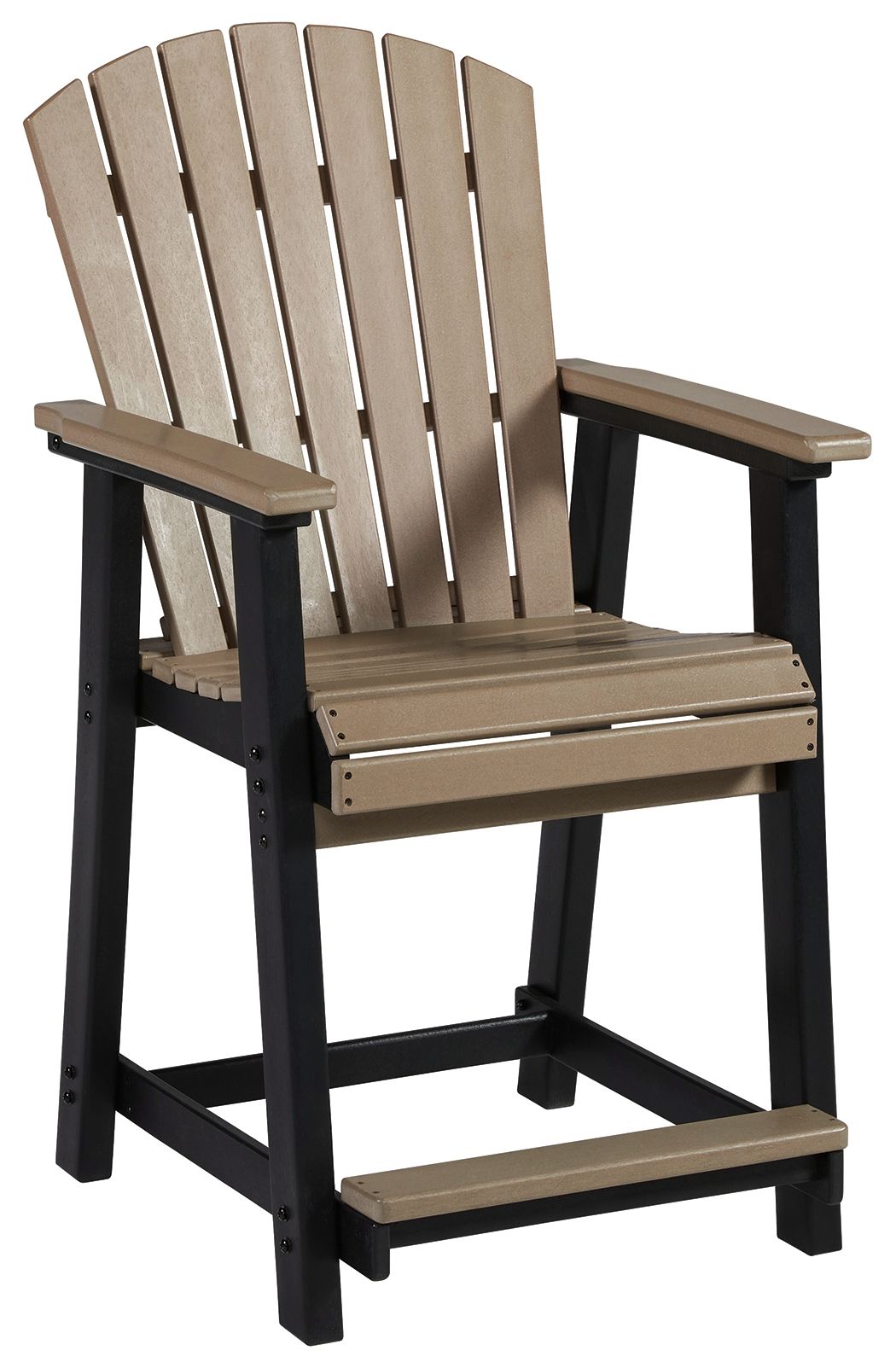 Outdoor barstool in black with driftwood slatted back, armrests, and seat