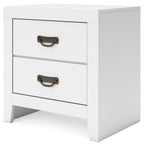 White two-drawer night stand with bronze curved pull handles and tapered legs