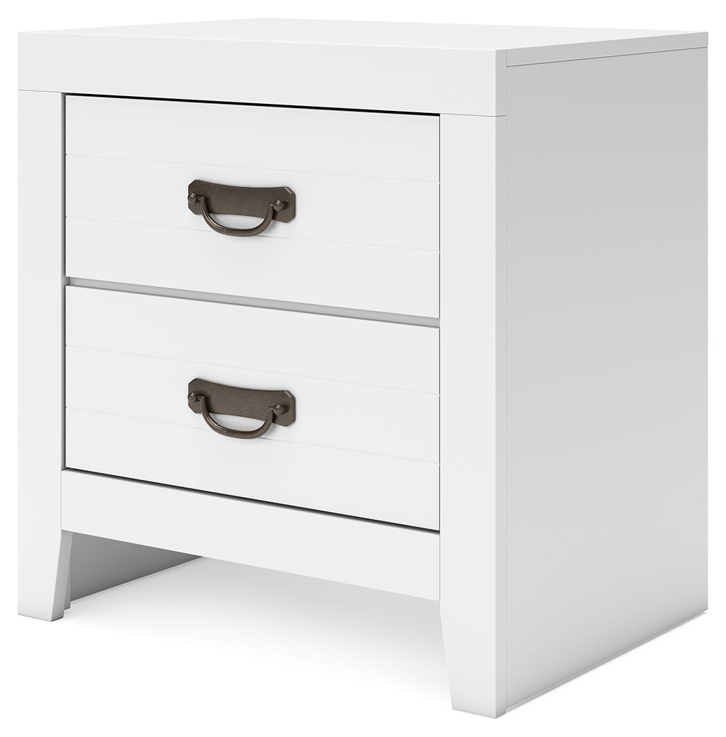 White two-drawer night stand with bronze curved pull handles and tapered legs