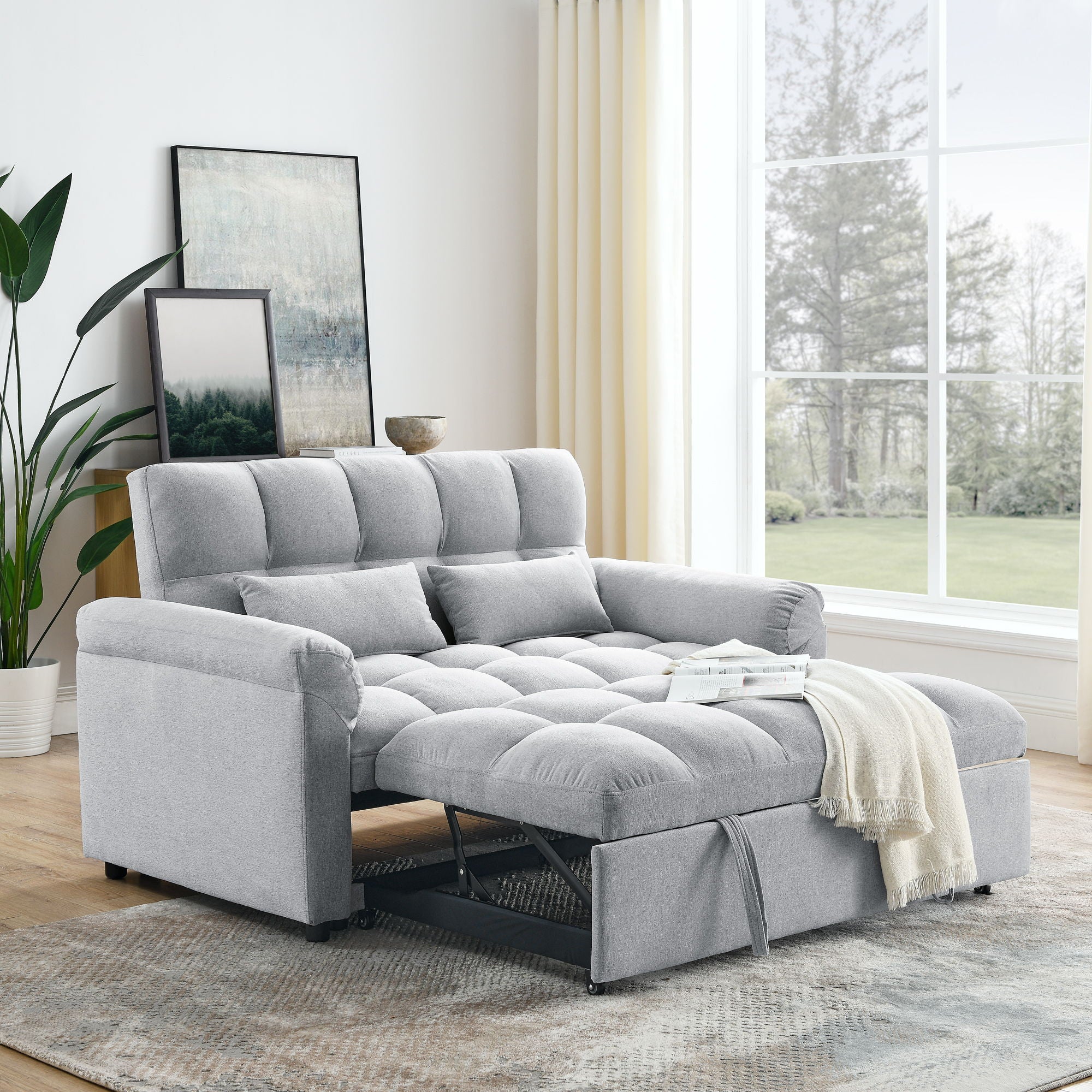 Loveseats Sofa Bed With Pull - Out Bed, Adjsutable Back - Light Gray