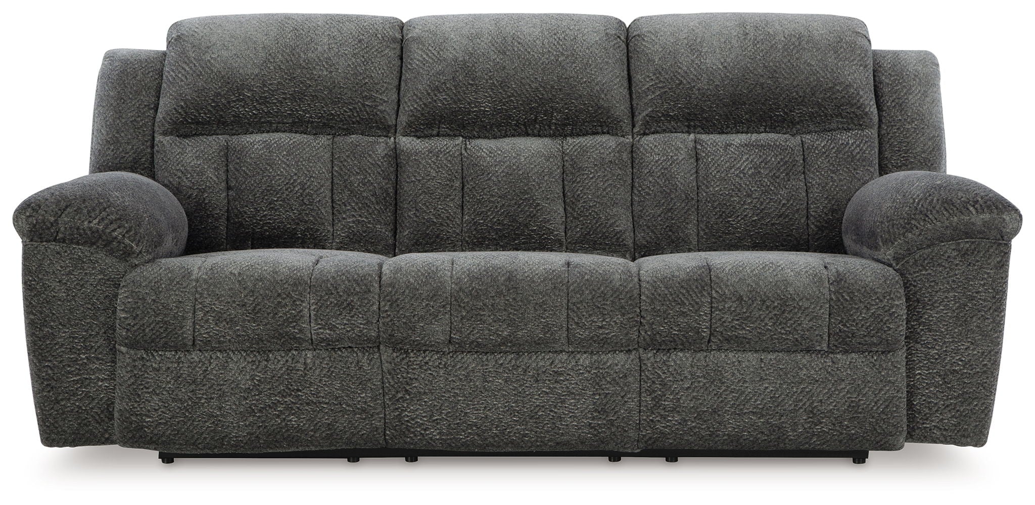 Reclining sofa in gray fabric with tufted back cushions and padded armrests