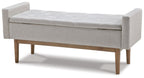 Upholstered storage bench with padded seat and armrests, beige fabric, wooden legs