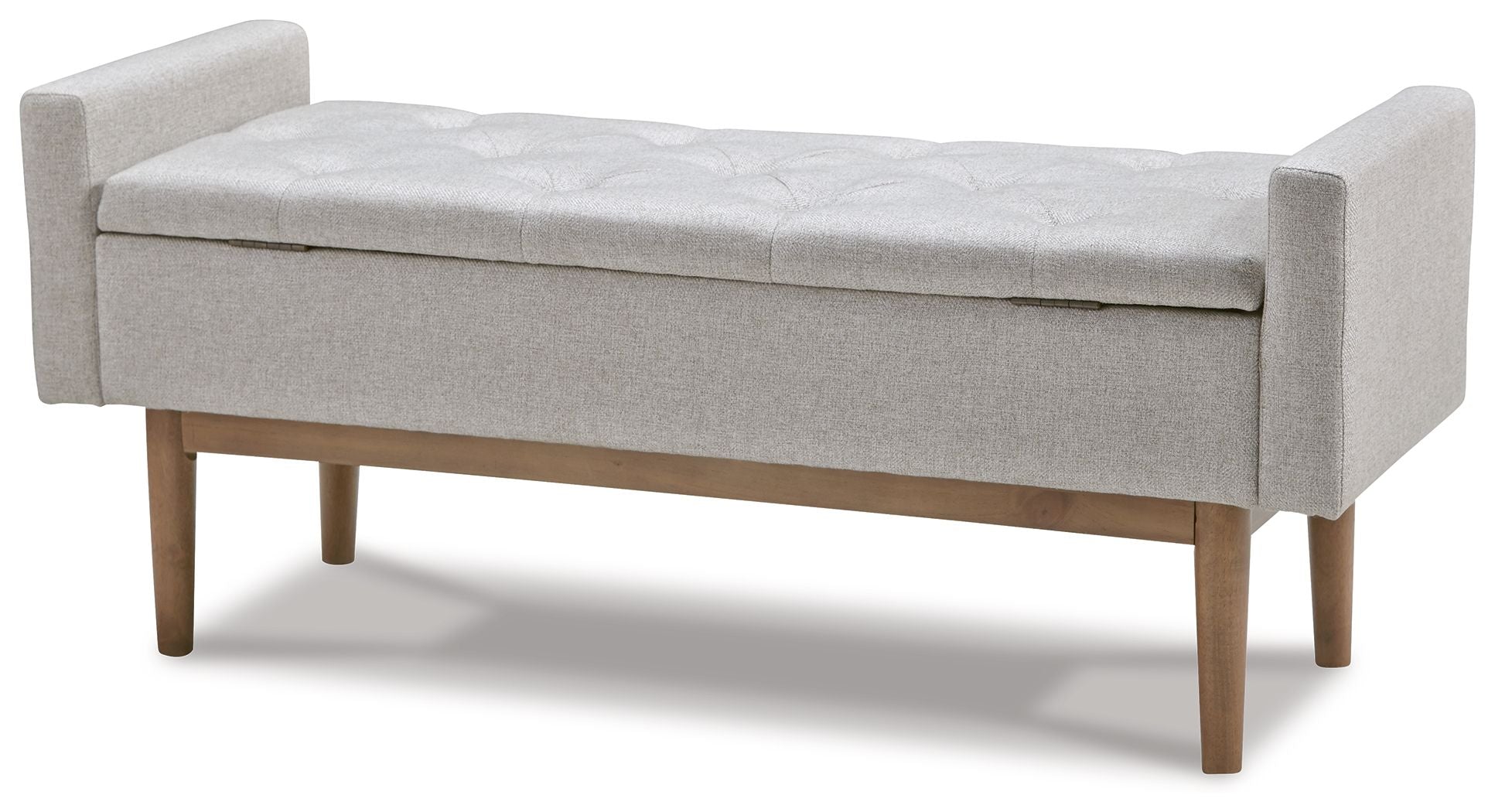 Upholstered storage bench with padded seat and armrests, beige fabric, wooden legs