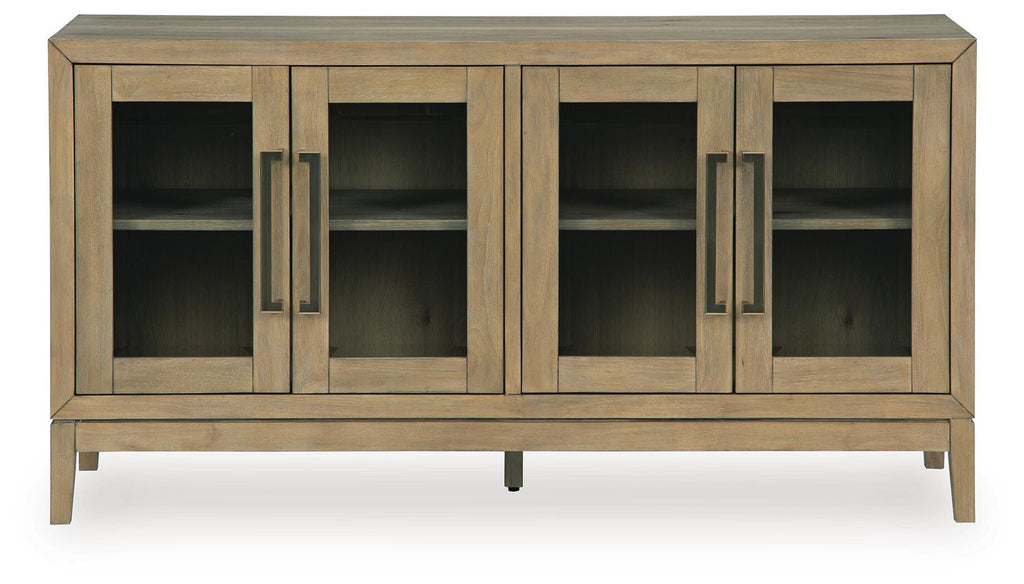 Light brown dining room server cabinet front with four glass doors and long pulls