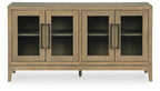 Light brown dining room server cabinet front with four glass doors and long pulls