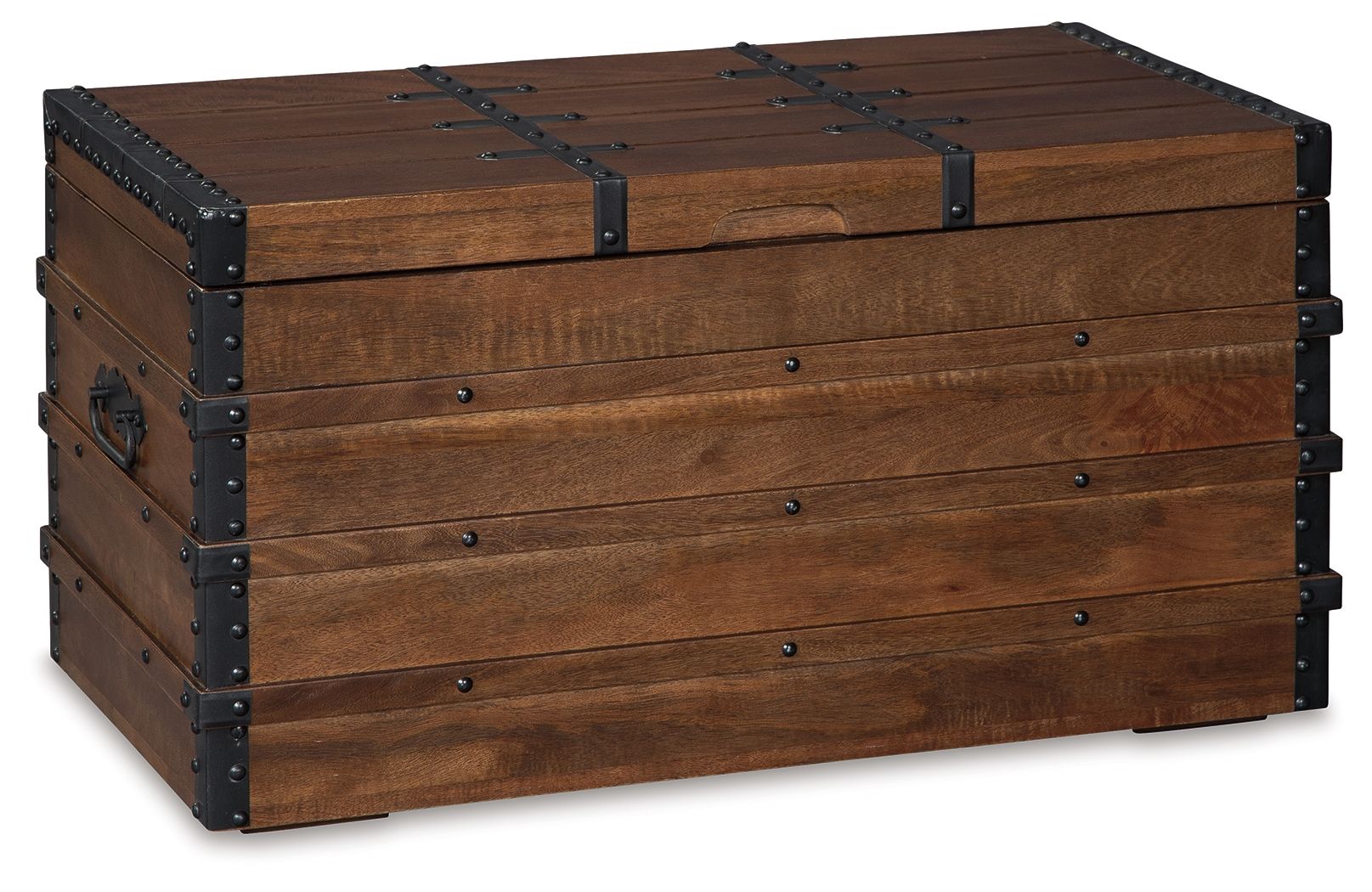Brown wooden storage trunk with hinged lid, black metal corner studs, and front latch panel.