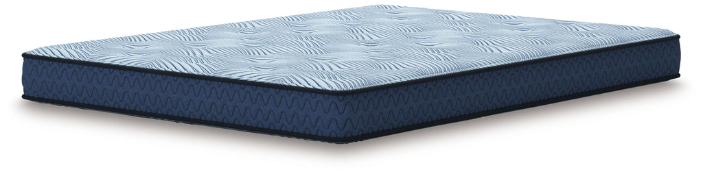 Blue quilted mattress with dark blue trim and flat profile