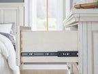 Antique white dresser drawer with dark metal sliding hardware and track